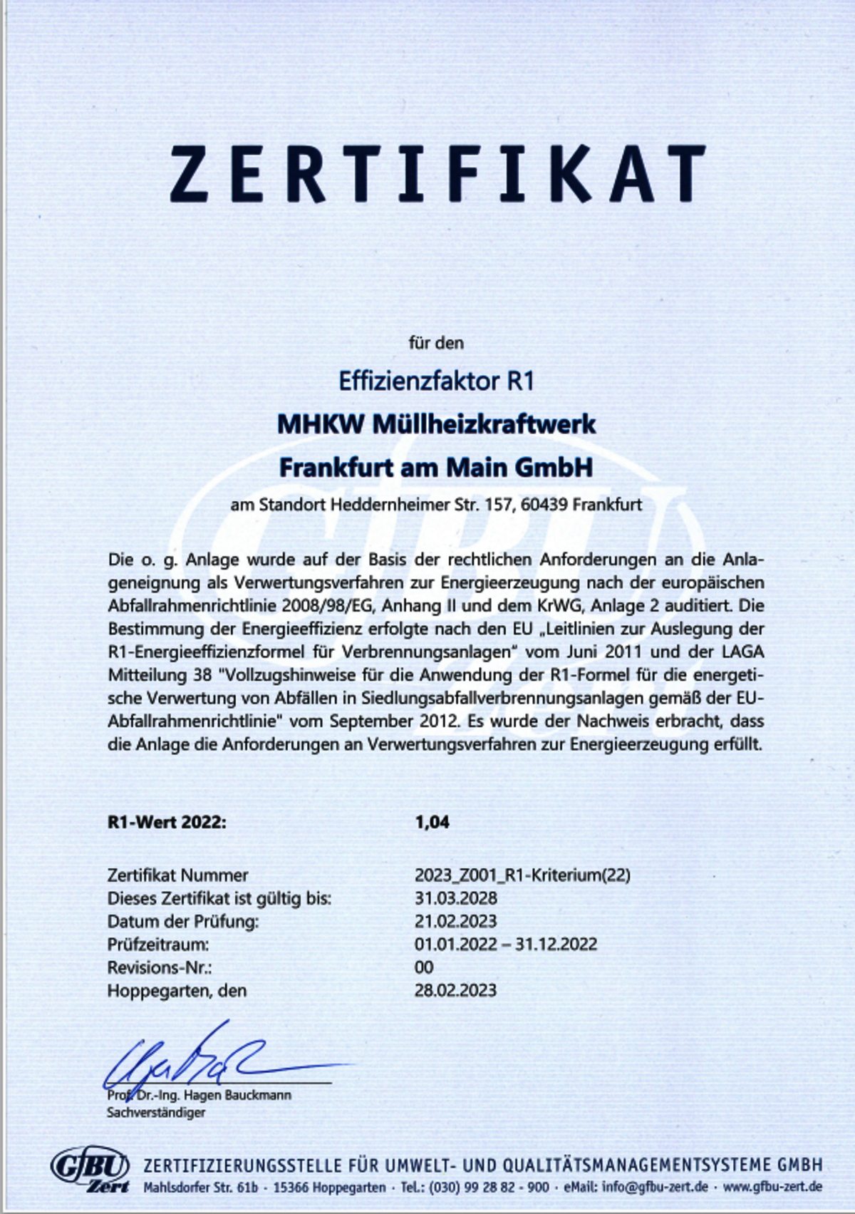 Download Zertifikat für den Effizienzfaktor R1 gültig bis 2028